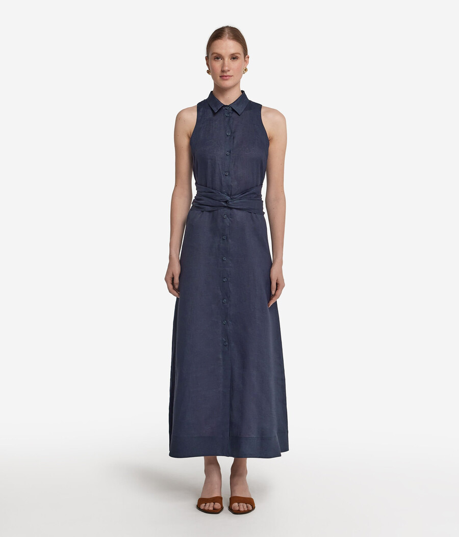 leinenkleid mit gekreuzten bändern