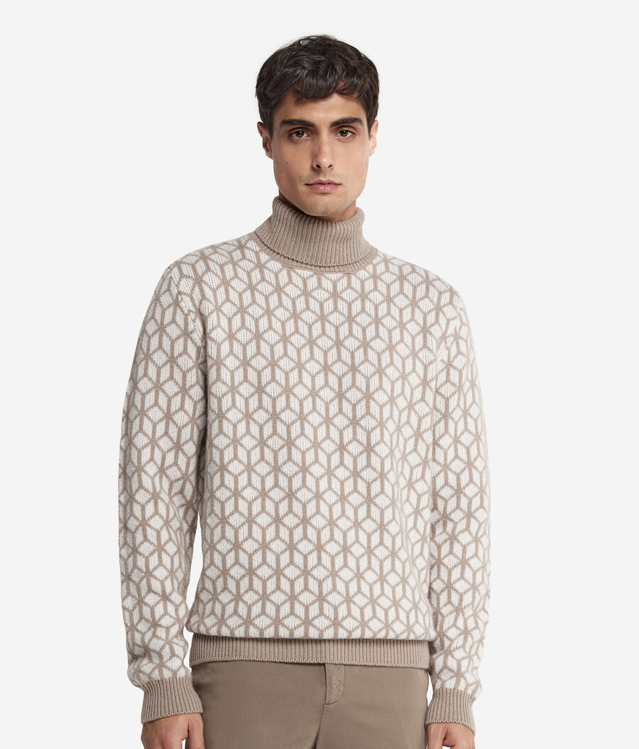 jacquard-kaschmir-rollkragenpullover mit optischem muster
