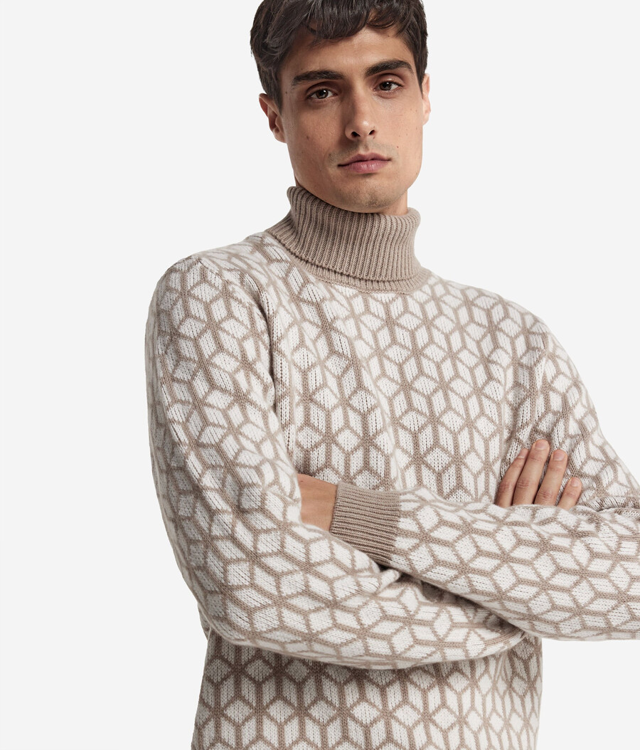 jacquard-kaschmir-rollkragenpullover mit optischem muster