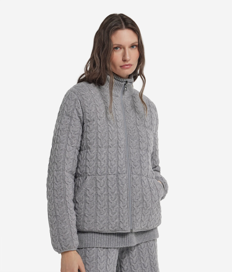 wendbare daunenjacke mit zopfmuster aus kaschmir und funktionsgewebe.