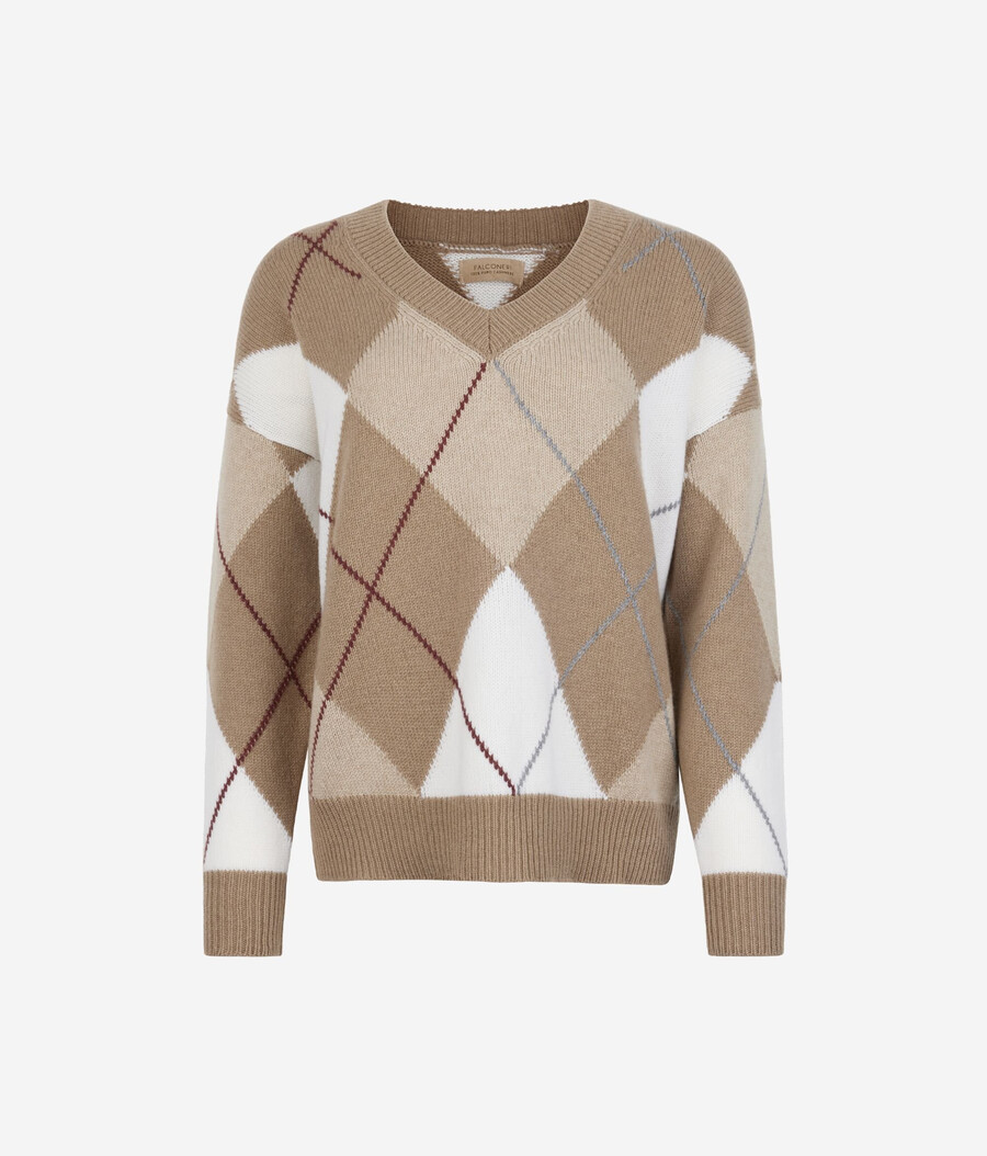 ultraweicher kaschmirpullover mit rautenmuster und v-ausschnitt