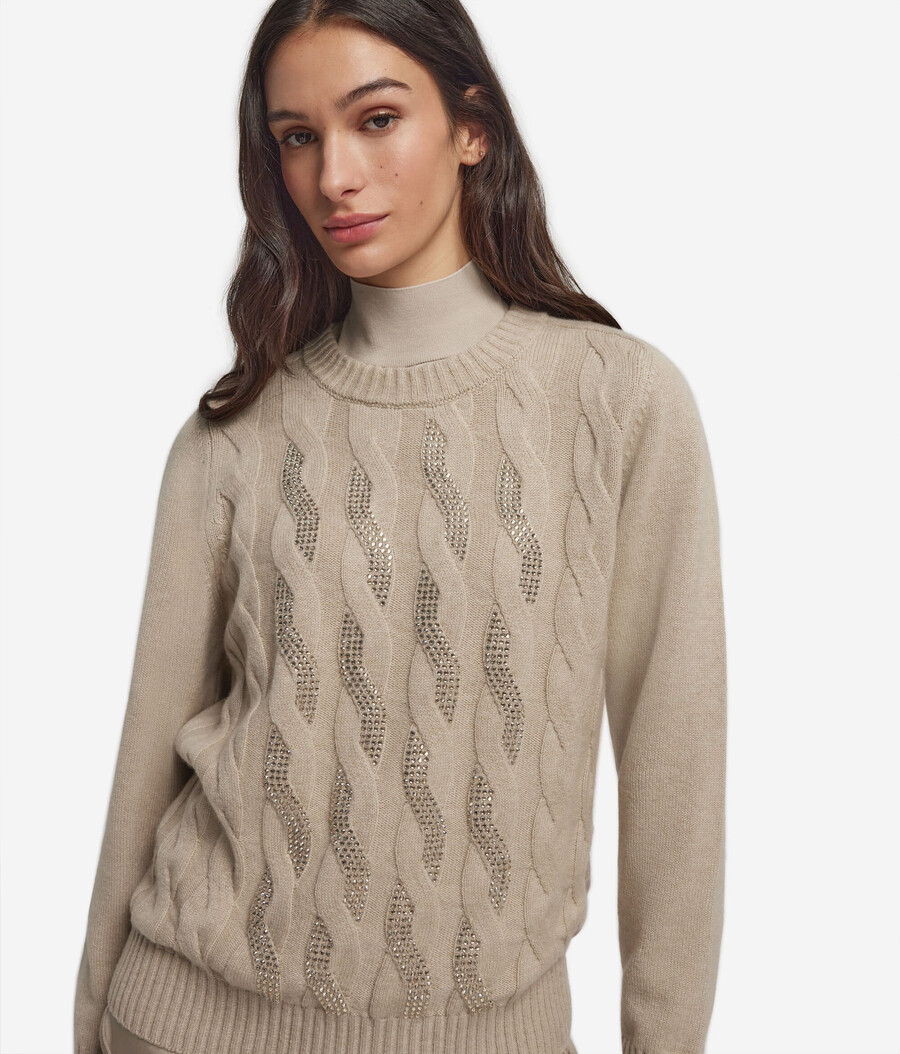 ultraweicher kaschmirpullover mit rundhalsausschnitt zopfmuster und strasssteinen