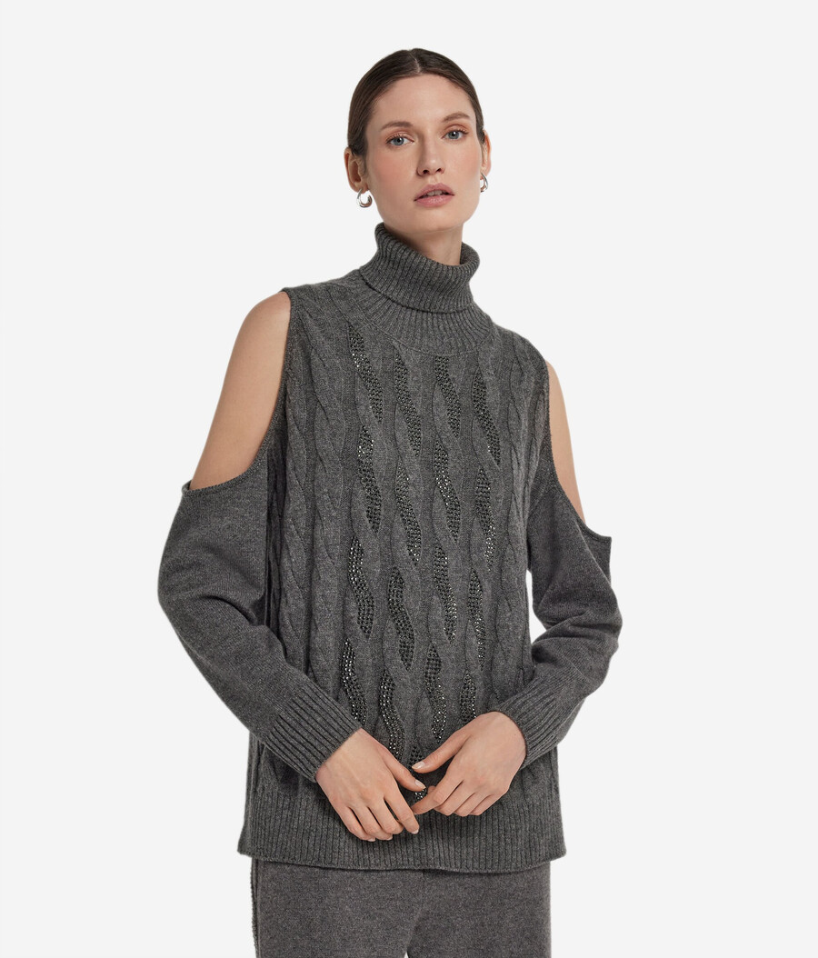 ultraweiches kaschmir-top mit cut-outs zopfmuster und strasssteinen