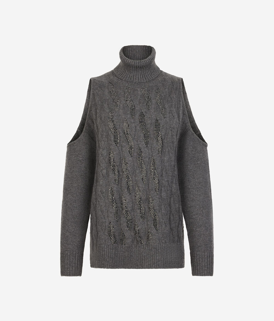 ultraweiches kaschmir-top mit cut-outs zopfmuster und strasssteinen