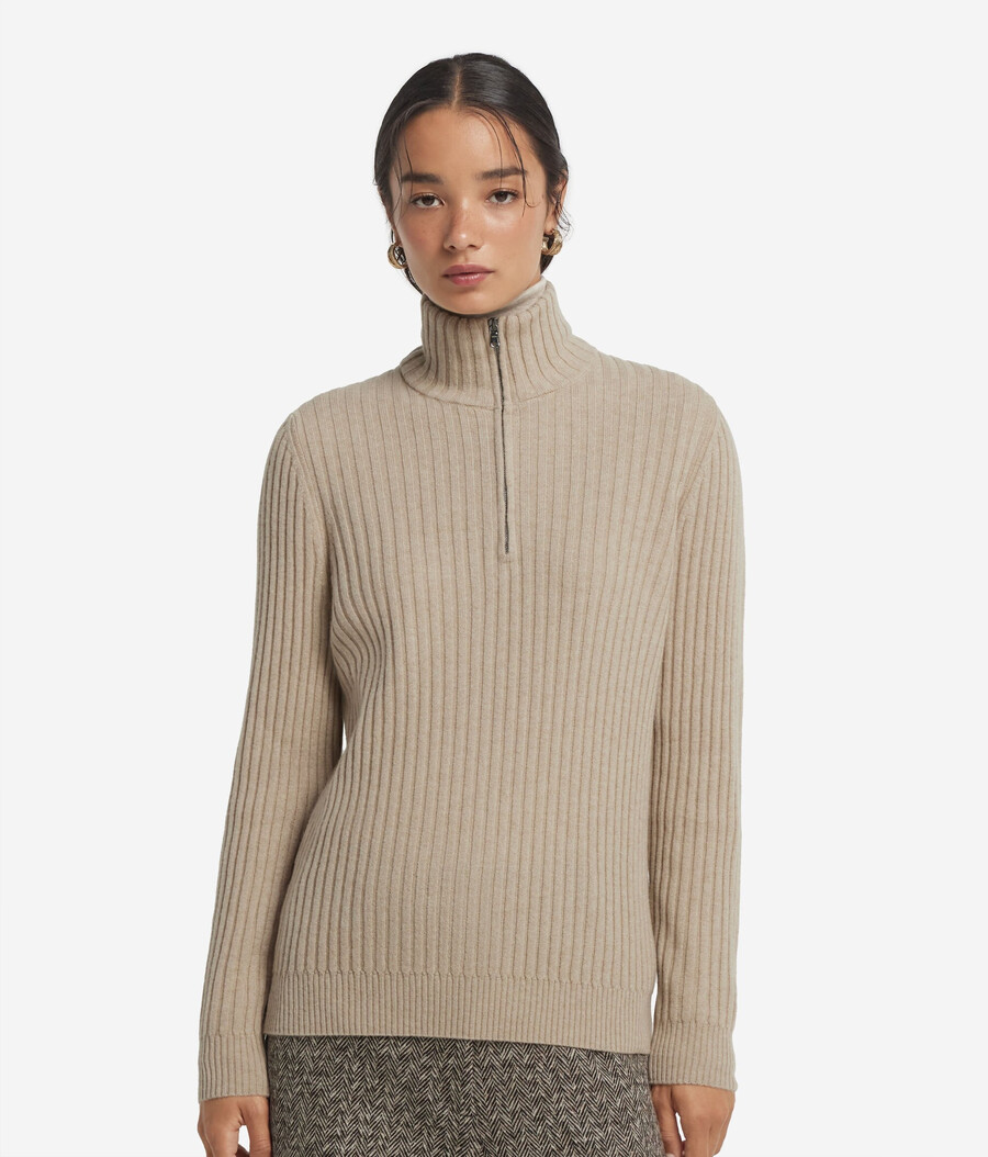 gerippter ultraweicher kaschmirpullover mit halbem reißverschluss
