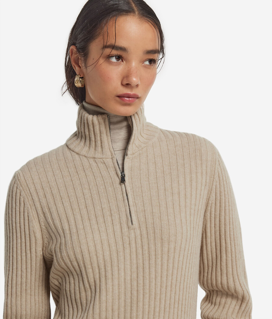gerippter ultraweicher kaschmirpullover mit halbem reißverschluss