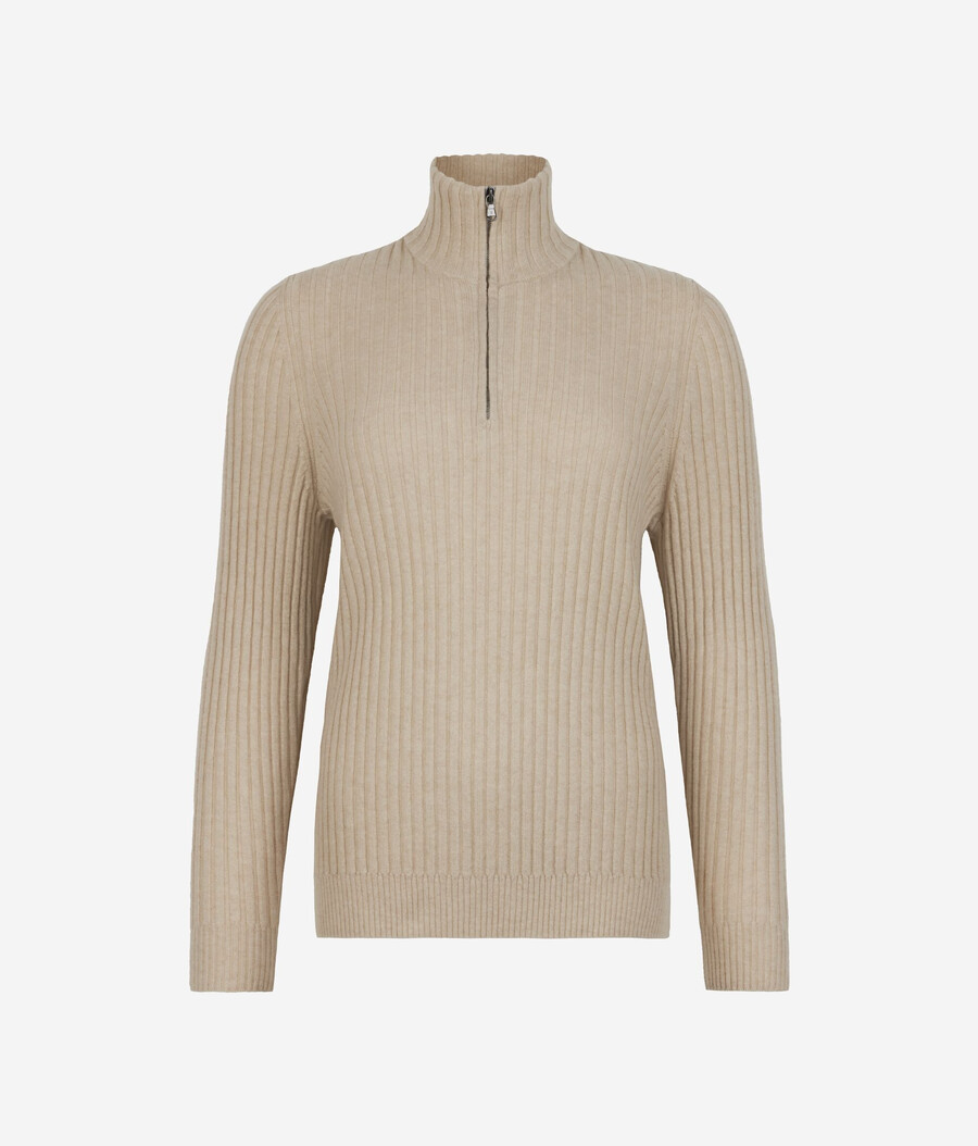 gerippter ultraweicher kaschmirpullover mit halbem reißverschluss