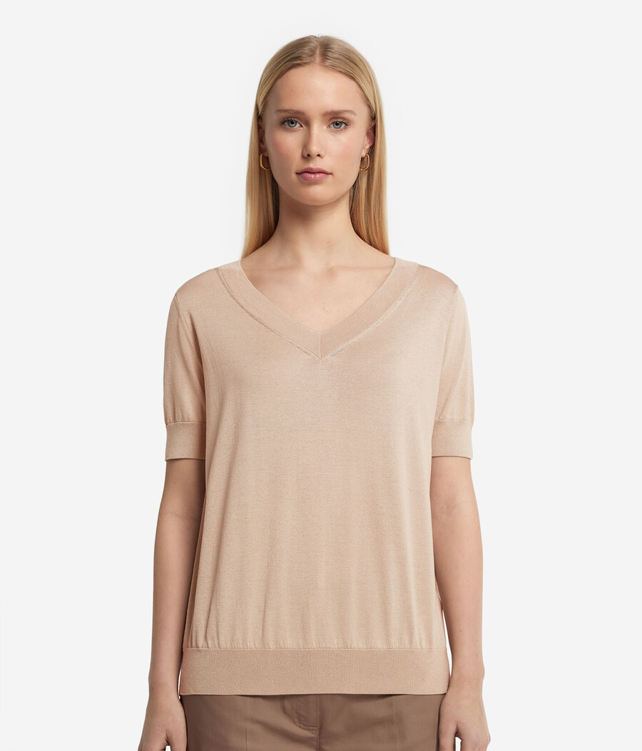 kurzärmeliger seiden-baumwoll-pullover mit v-ausschnitt